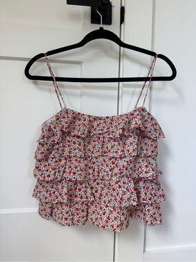 Ralph Lauren Floral Ruffle Tiered Spaghetti Strap Top - White/Pink